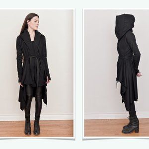 Nuit Clothing Atelier Tournure Hooded Cashmere Wool Coat w/Blistered Leather